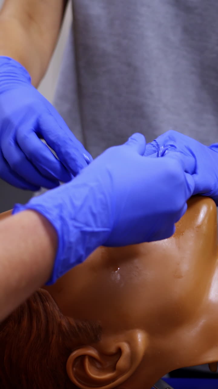 Training course in medical center. Medical instructing student to perform treatment procedure on a dummy head. Close-up. Vertical video