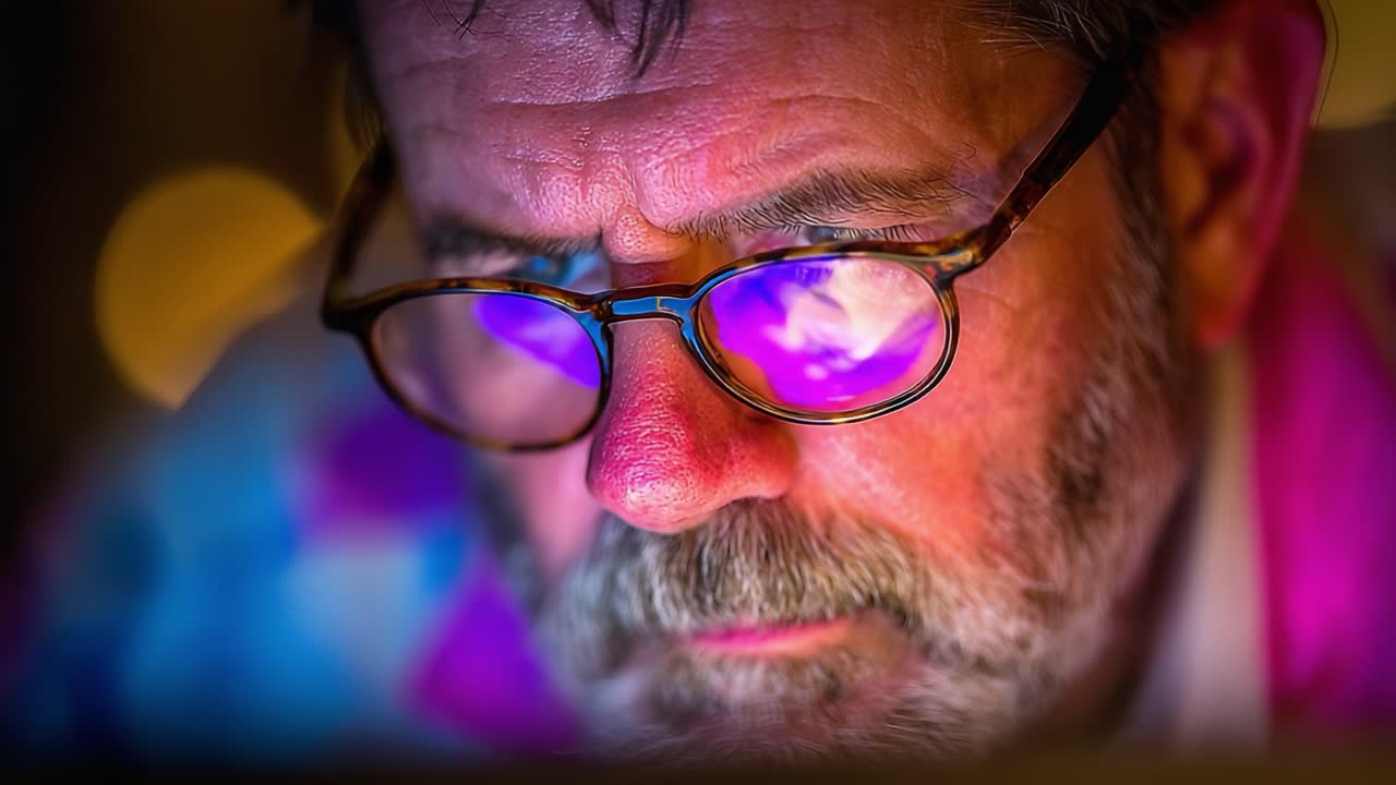 Close-up of an Intense Male Subject with Glasses, Focusing on a Digital Screen with Colorful Reflections, Highlighting Concentration and Depth of Thought