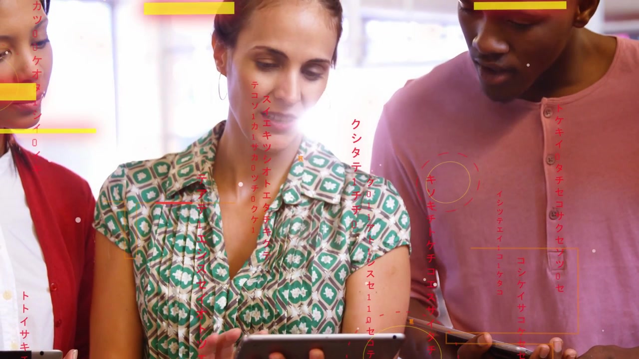 Woman holding tablet tapping and swiping, team leaning in, HUD bars appearing for marketing review