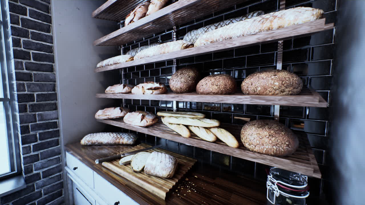 Fresh bread on shelves in bakery