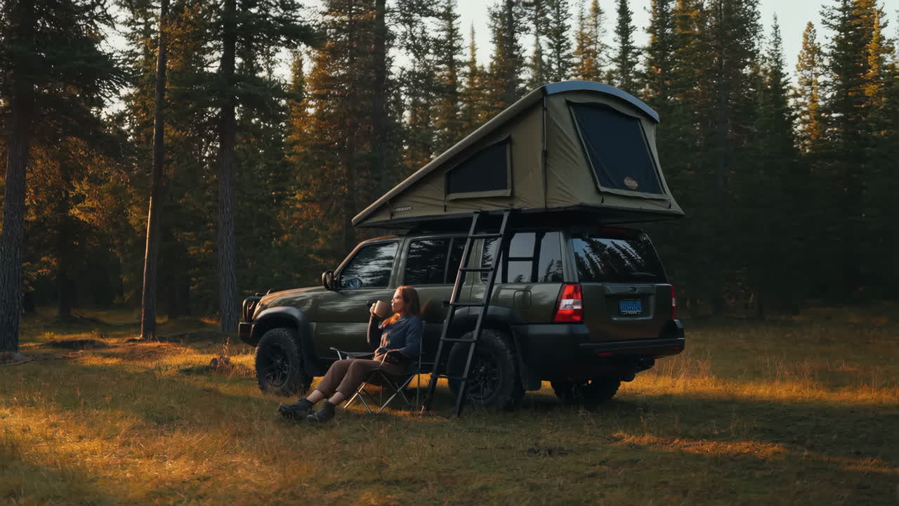 SUV with roof tent in the forest