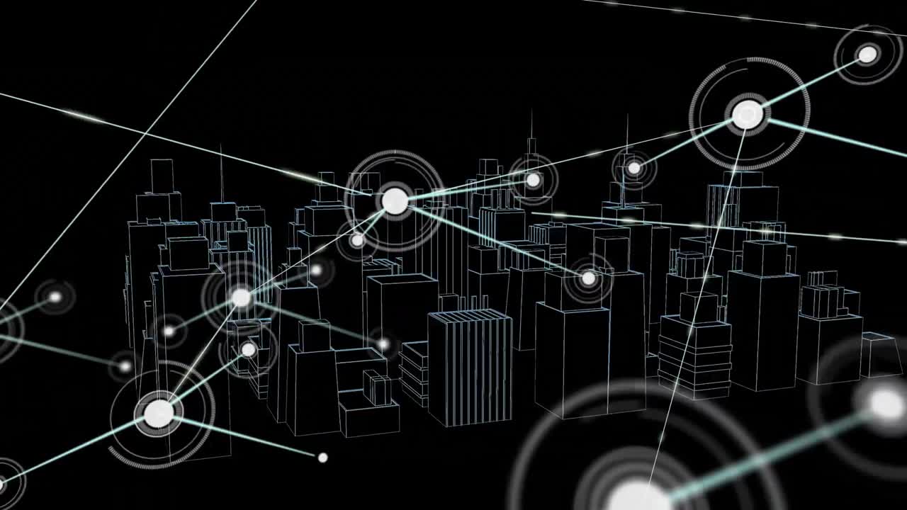 Animation of network of connections with icons over 3d architectural drawing of city in background