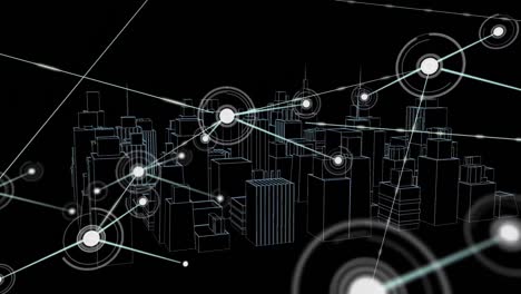 animation of network of connections with icons over 3d architectural drawing of city in background