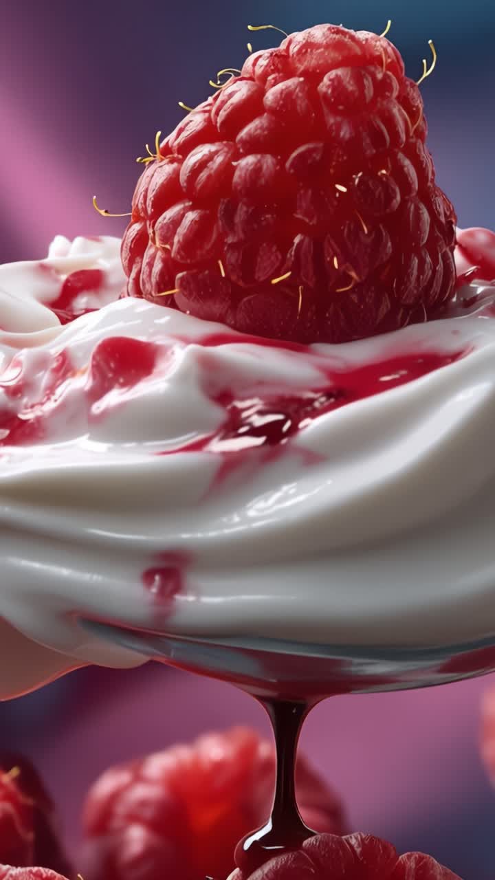 A Delightful Close-Up of Creamy Yogurt Topped with Fresh Ripe Raspberries, Showcasing the Rich Colors and Textures That Create a Tempting Treat