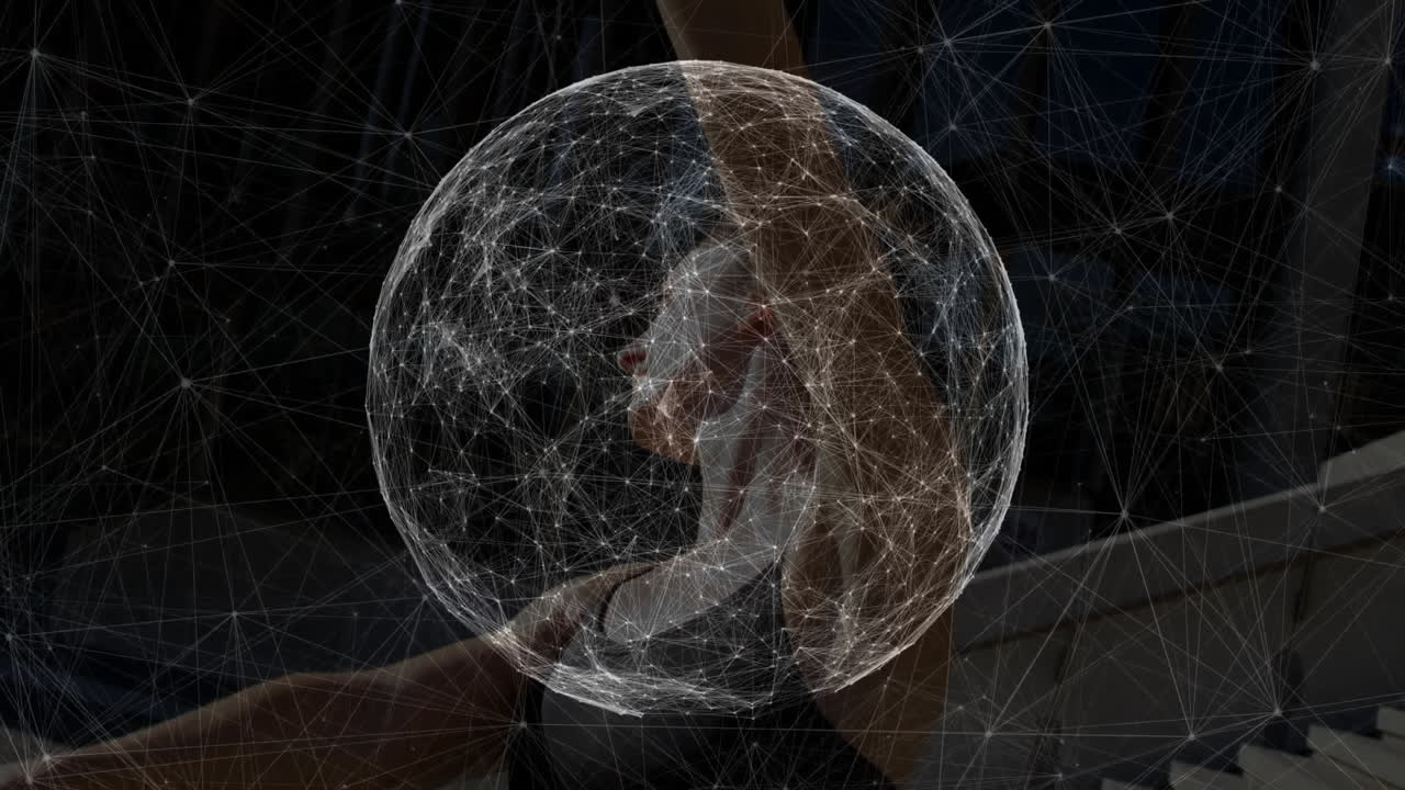 Holding smartphone projecting hologram network sphere with female profile for tech marketing