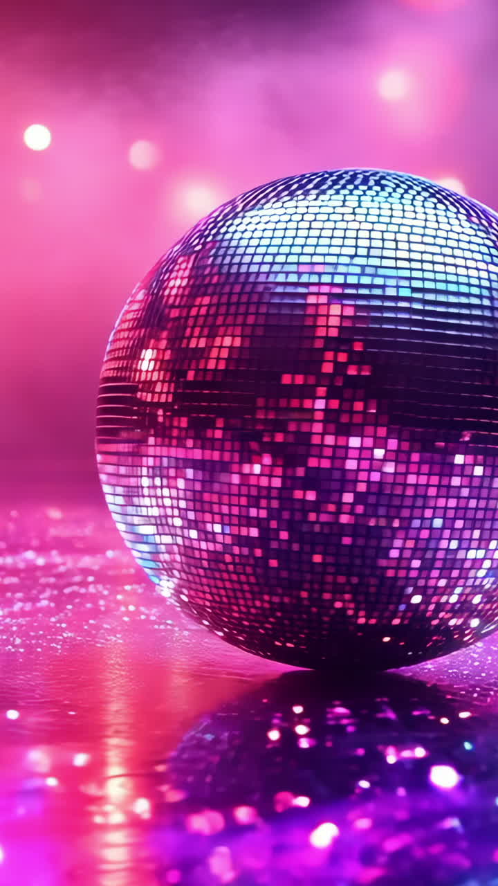 A disco ball is sitting on a shiny surface with pink and purple lights in the background. The scene is set in a club or party atmosphere