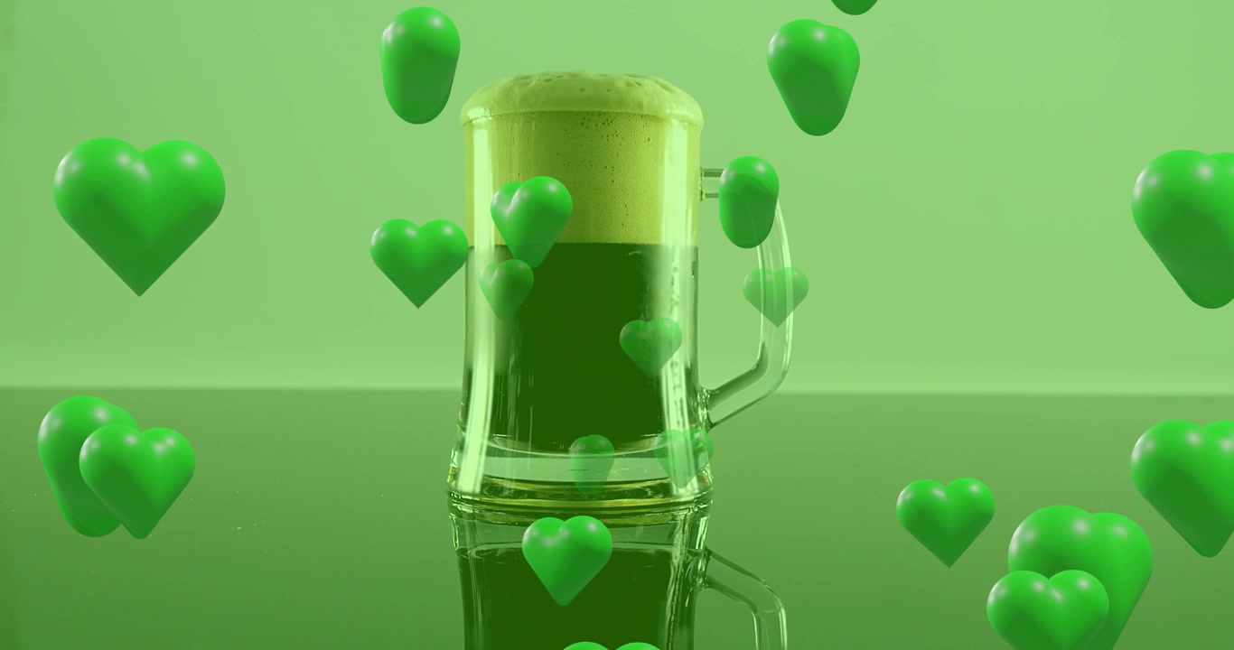 Glass mug being revealed as hearts spawn, green hearts orbiting, framing mug to showcase product