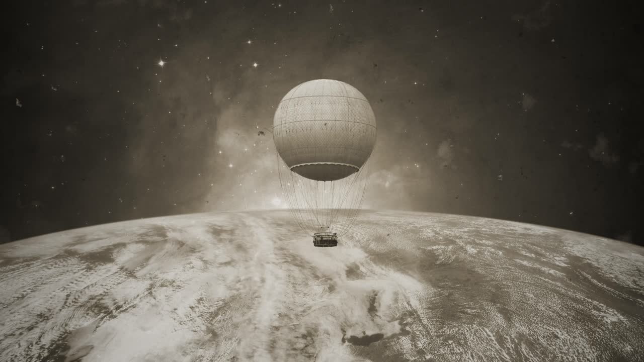 A Vintage Balloon Voyage into the Cosmic Universe - Expedition: Discovering the Universe's Secrets in Sepia-Toned Splendor