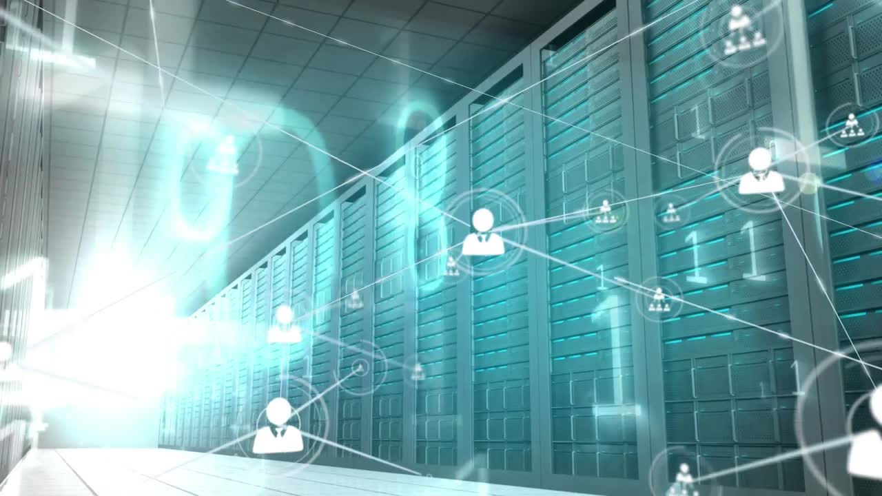 animación de la red de conexiones con iconos y codificación binaria a través de servidores informáticos