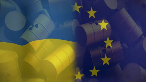 Animation-Der-Flaggen-Der-EU-Und-Der-Ukraine-über-Atomfässern