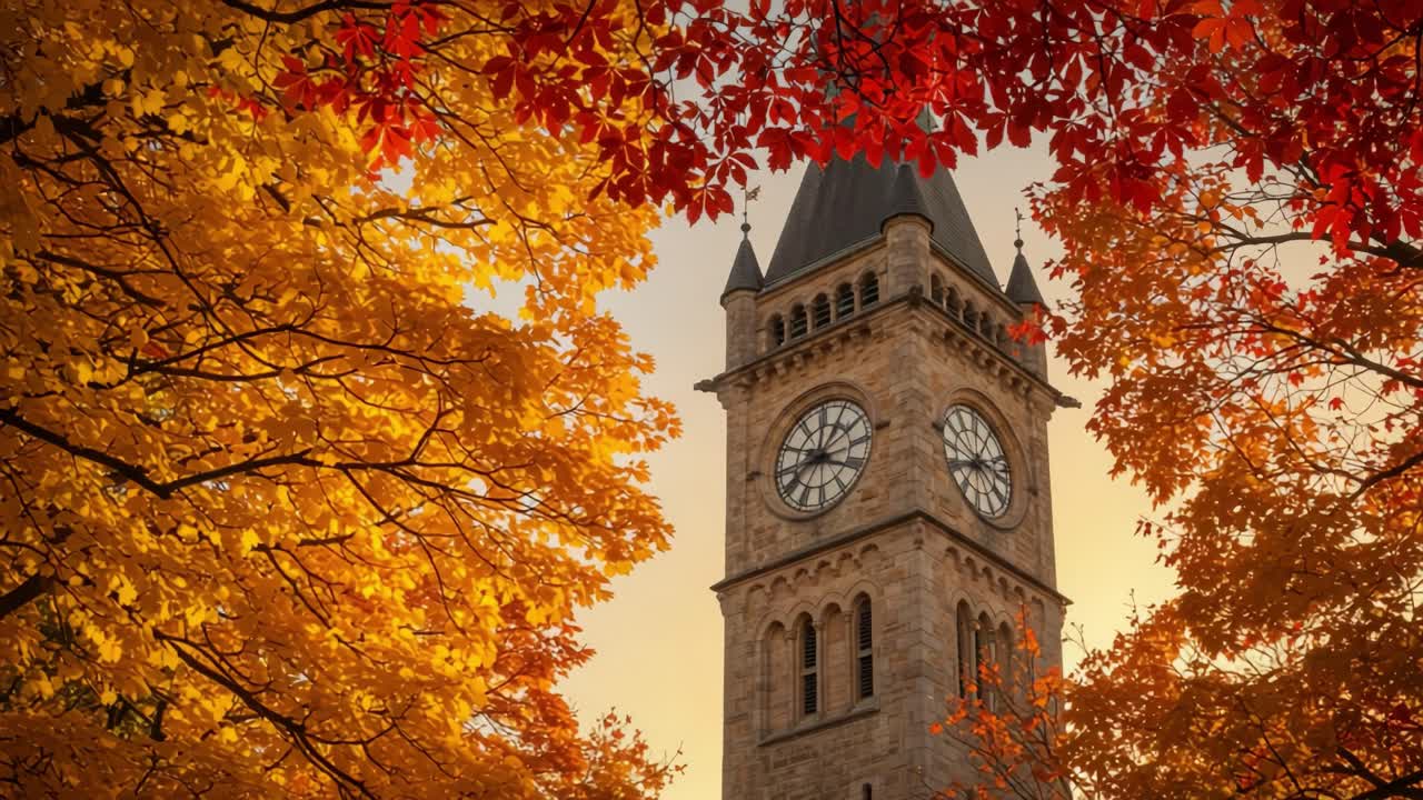 A Majestic Clock Tower Surrounded by Vibrant Autumn Foliage, Capturing the Warm Glow of Fall in a Picturesque Setting