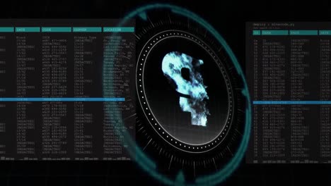 animation of data processing and ruble symbol over black background