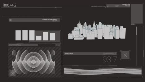 Animation of graphs and rotating 3D city on black screen