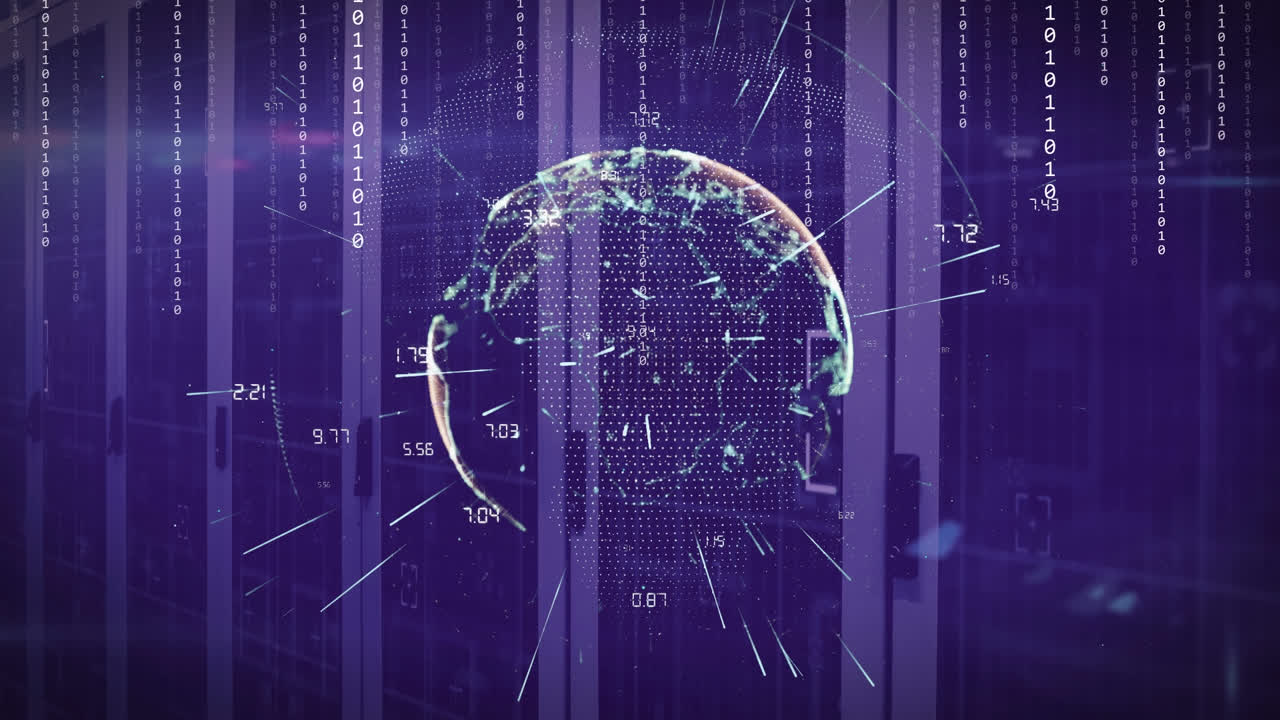 Animation of globe with connections and data processing over computer servers