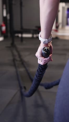 vertical shot of a woman giving it her all whilst using the battle ropes in the gym