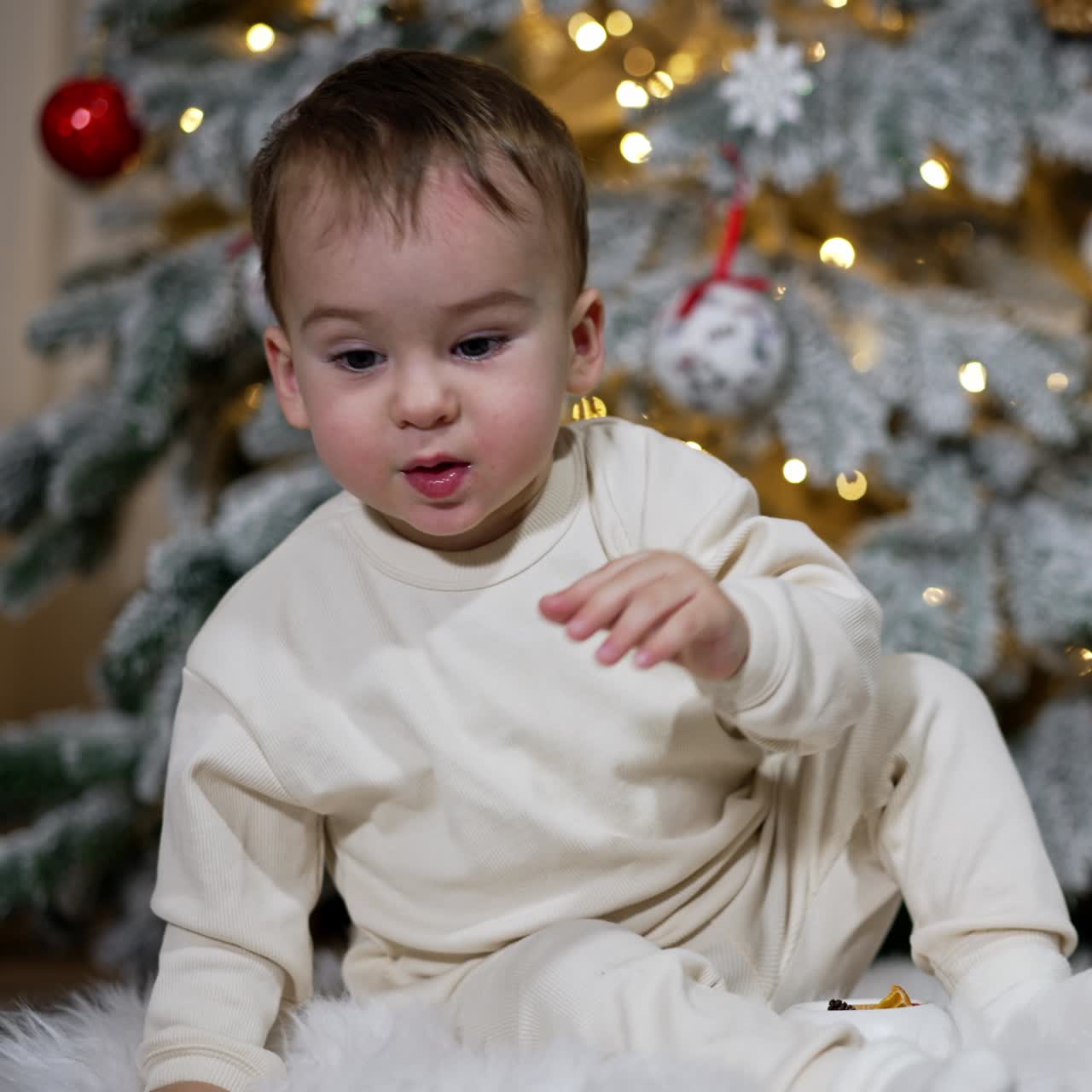 Beautiful baby sits on the carpet focused on the toy. Excited kid playing with toys from Christmas tree