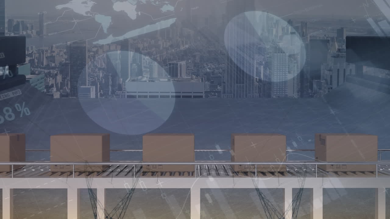 컨베이어 벨트와 도시 풍경에 있는 카드보드 상자 위의 통계 처리의 애니메이션