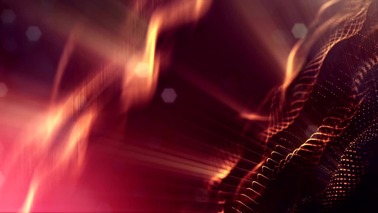 3d loop animation as science fiction background of glowing particles with depth of field and bokeh for vj loop. Particles form line and surface grid. V28 red gold with light rays