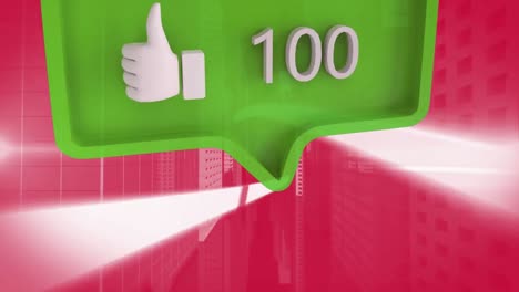 Like-icon-with-increasing-numbers-on-green-speech-bubble-against-3d-city-model-on-red-background