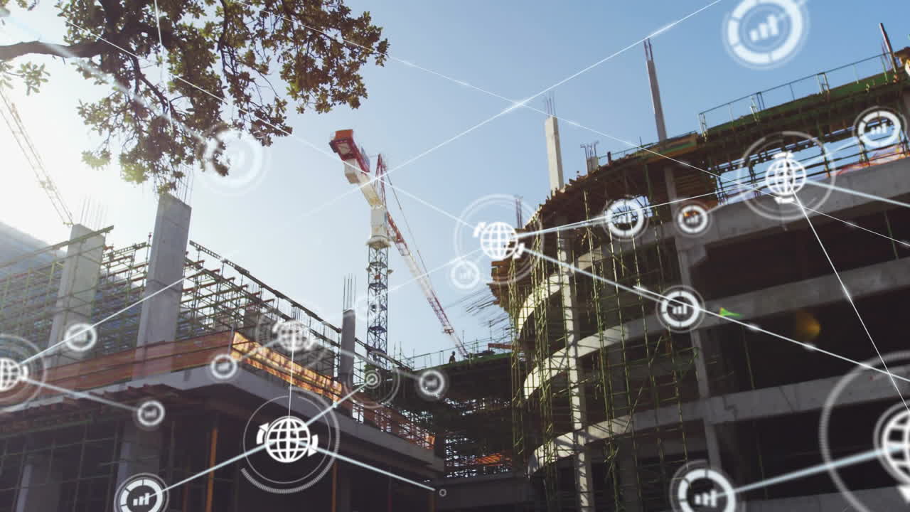 Digital network icons overlaying cranes and building structures at construction site