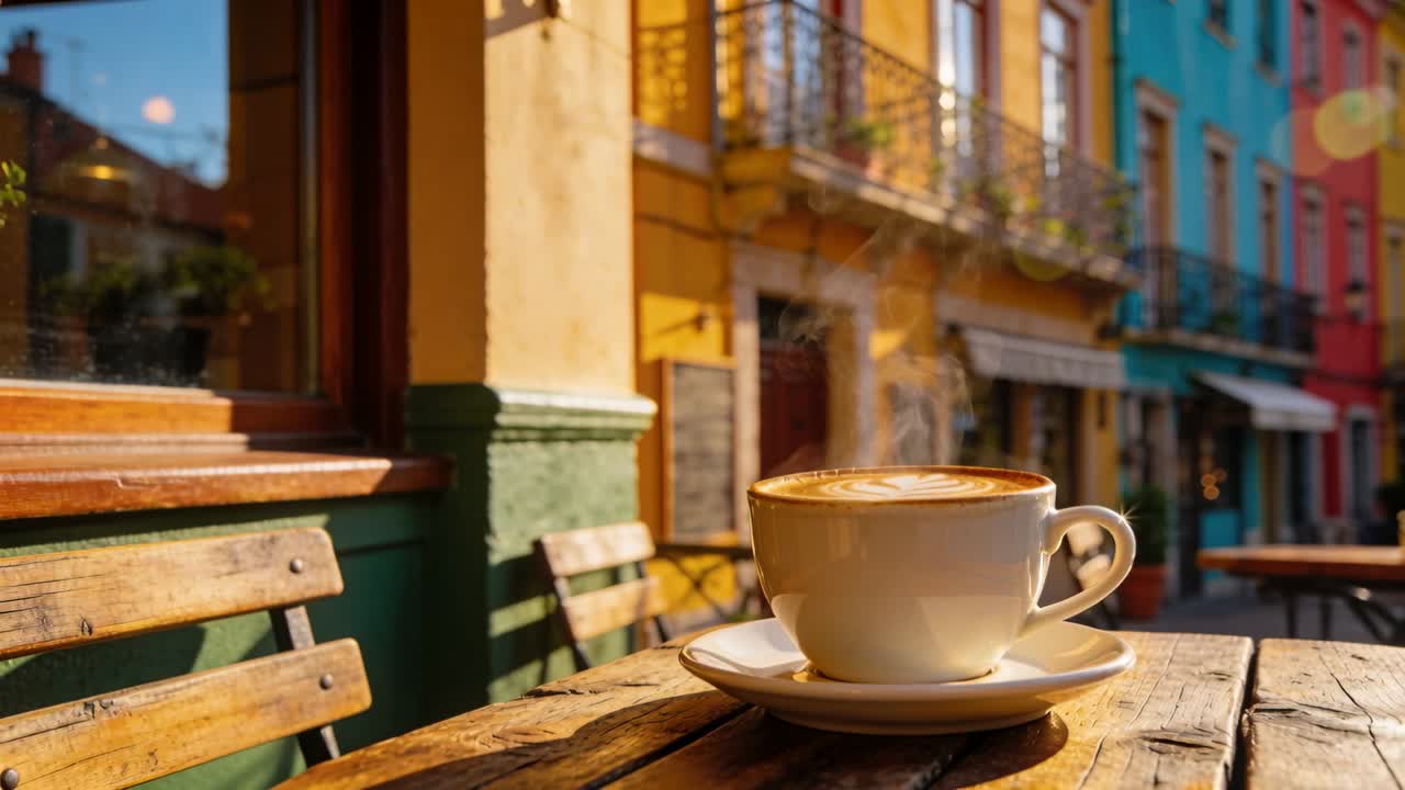 Solljus värmer en vit keramisk kaffekopp, crema ångar medan kameran panorerar på ett gatucafé.
