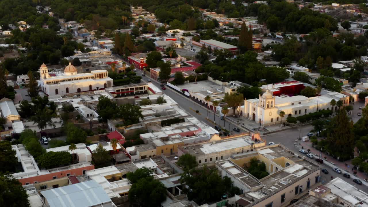 Colonial small town of Parras in Coahuila at sunset, Mexico. Aerial