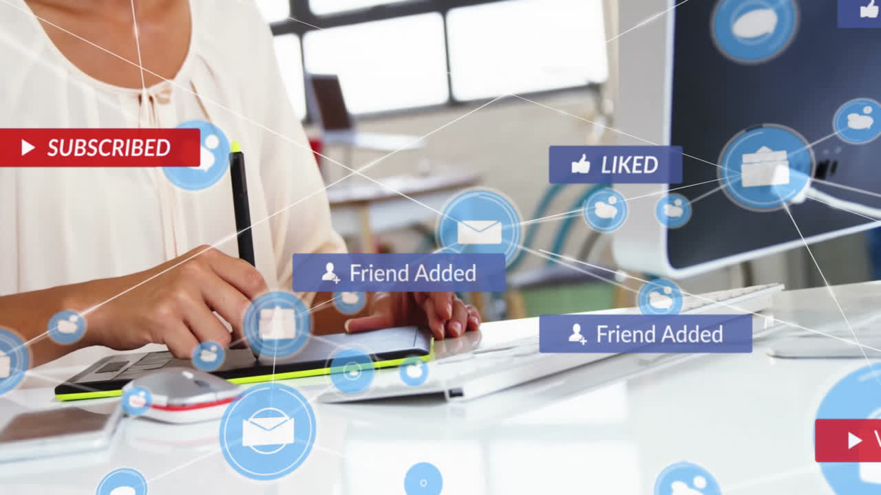 Social media notifications animation over person using computer and writing notes