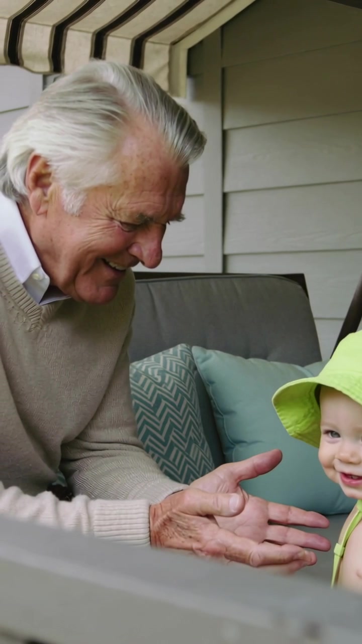 Video verticale: Il nonno, aprendo i palmi delle mani, incoraggia il bambino con un cappello da sole verde a protendersi sull'altalena del portico