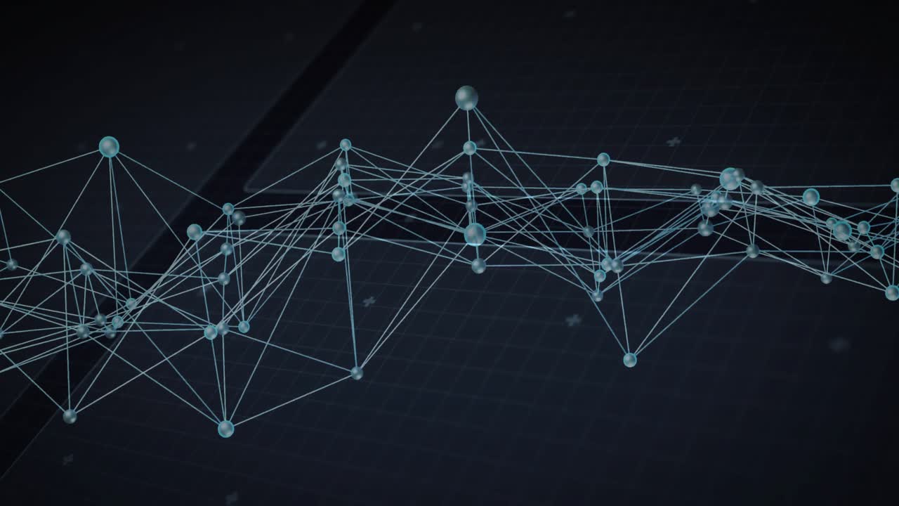 Ved opstart forskydes og bølger et digitalt netværksdiagram sidelæns for at visualisere dataudsving.