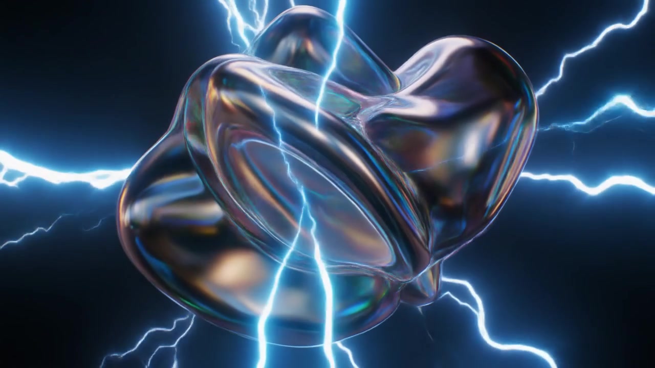 Abstract Metallic Shape Rotating Amidst Electric Lightning Bolts