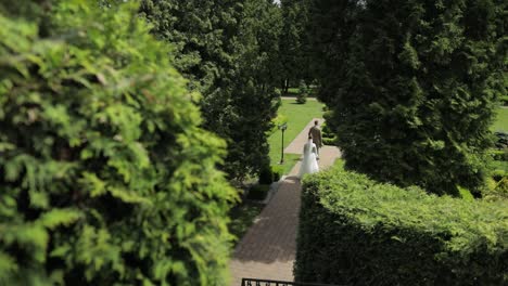 newlyweds. caucasian groom with bride walking in park. wedding couple. man and woman in love