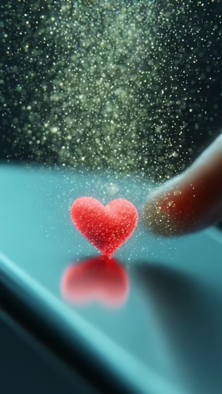 A mesmerizing display of technology and emotion, showcasing a flickering heart as golden particles radiate from a smartphone's screen, blending reality and digital love into a captivating visual experience