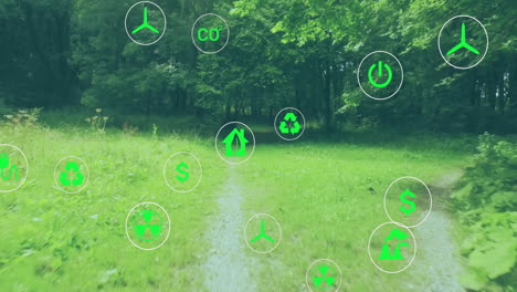 green energy and recycling icons animation over forest pathway