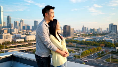 couple enjoying city view from rooftop