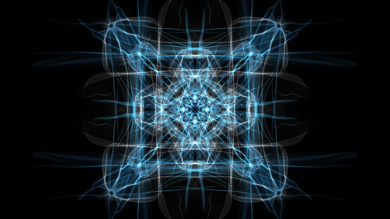 White and blue fractal square ornament on black background. Nice symmetric ornament in slow calming motion