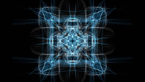 ornamento cuadrado fractal blanco y azul sobre fondo negro. bonito ornamento simétrico en movimiento tranquilizador lento