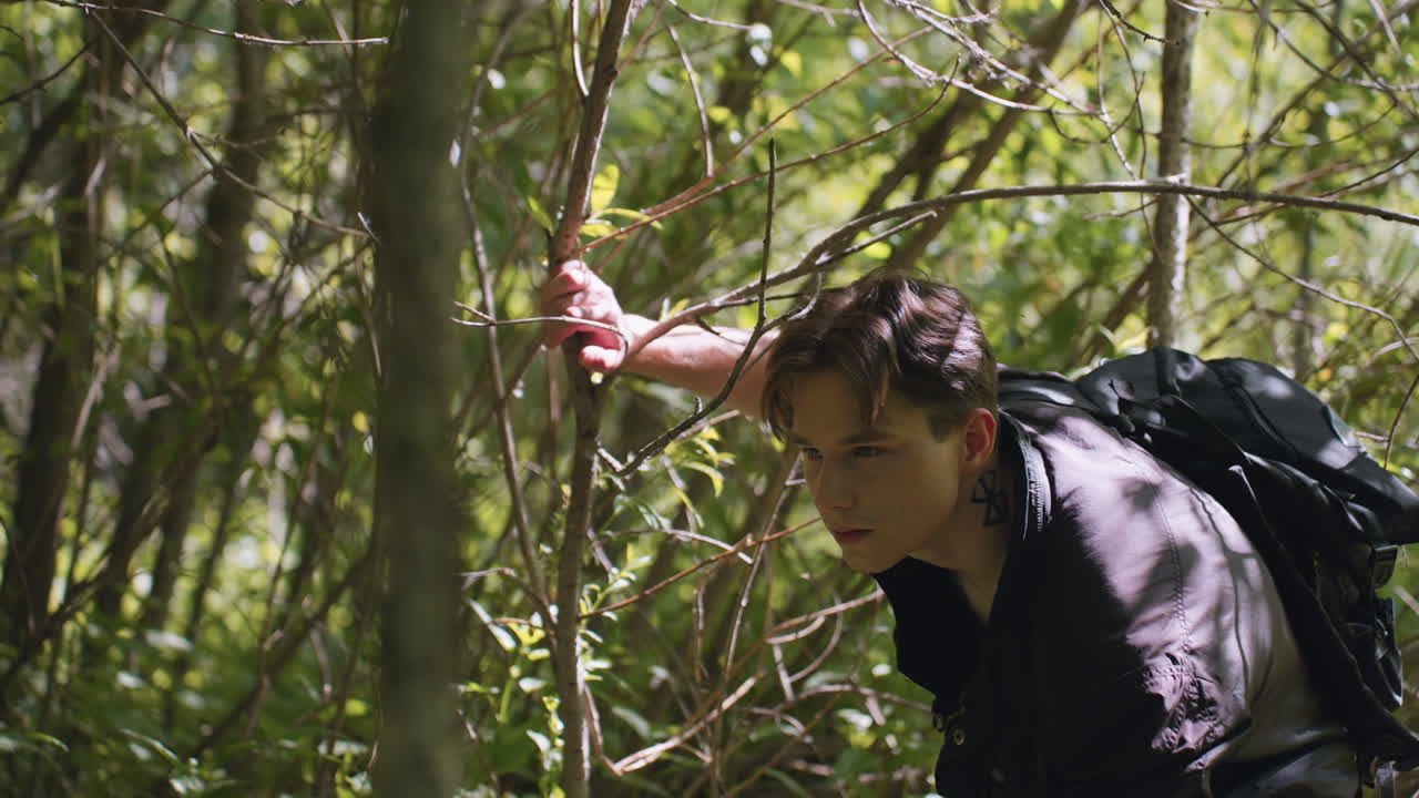Young man wearing dark clothing bends under thin branch, holding onto tree for support while carefully observing forest surroundings, sunlight casting dappled shadows through dense leafy vegetation