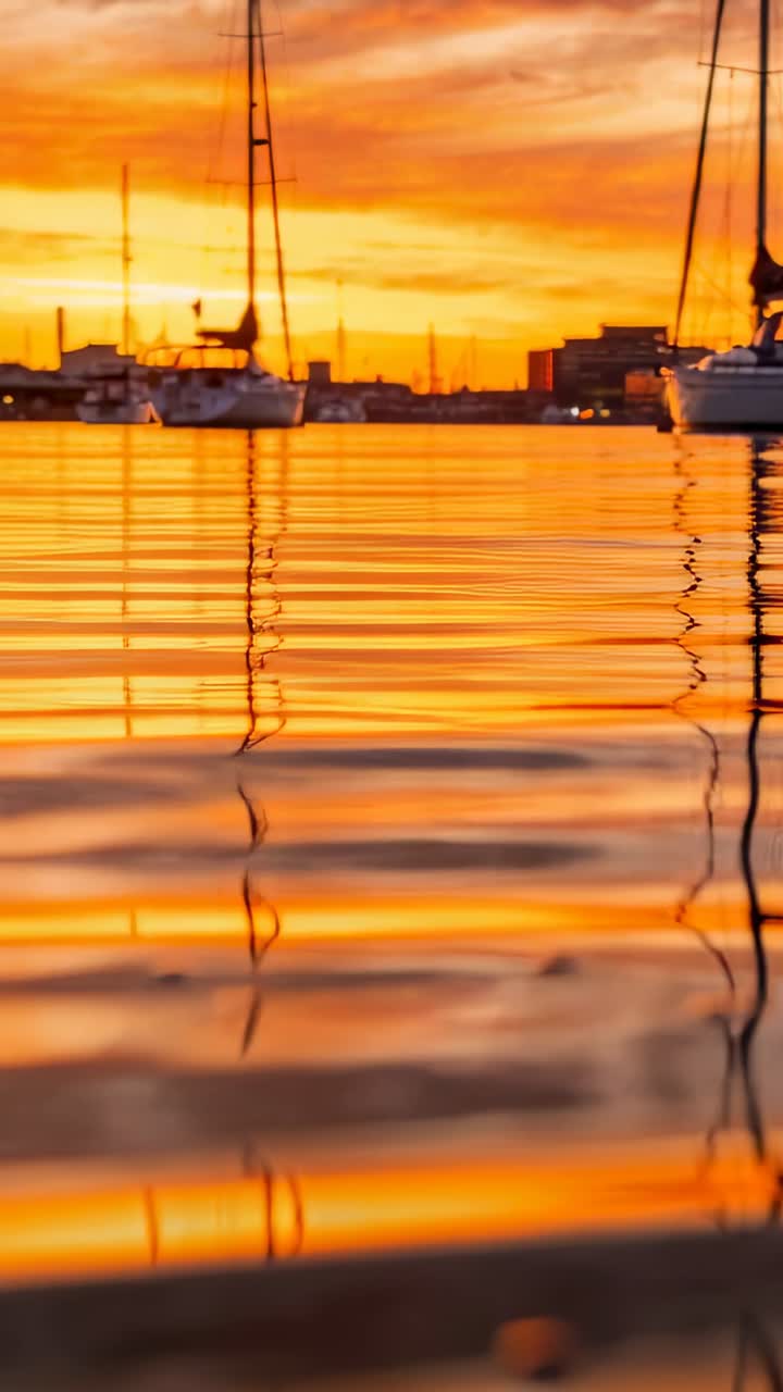 Vídeo vertical: Filmagem de mastros de barcos atracados se espelhando enquanto o vento ondula o porto ao pôr do sol, casco à direita.