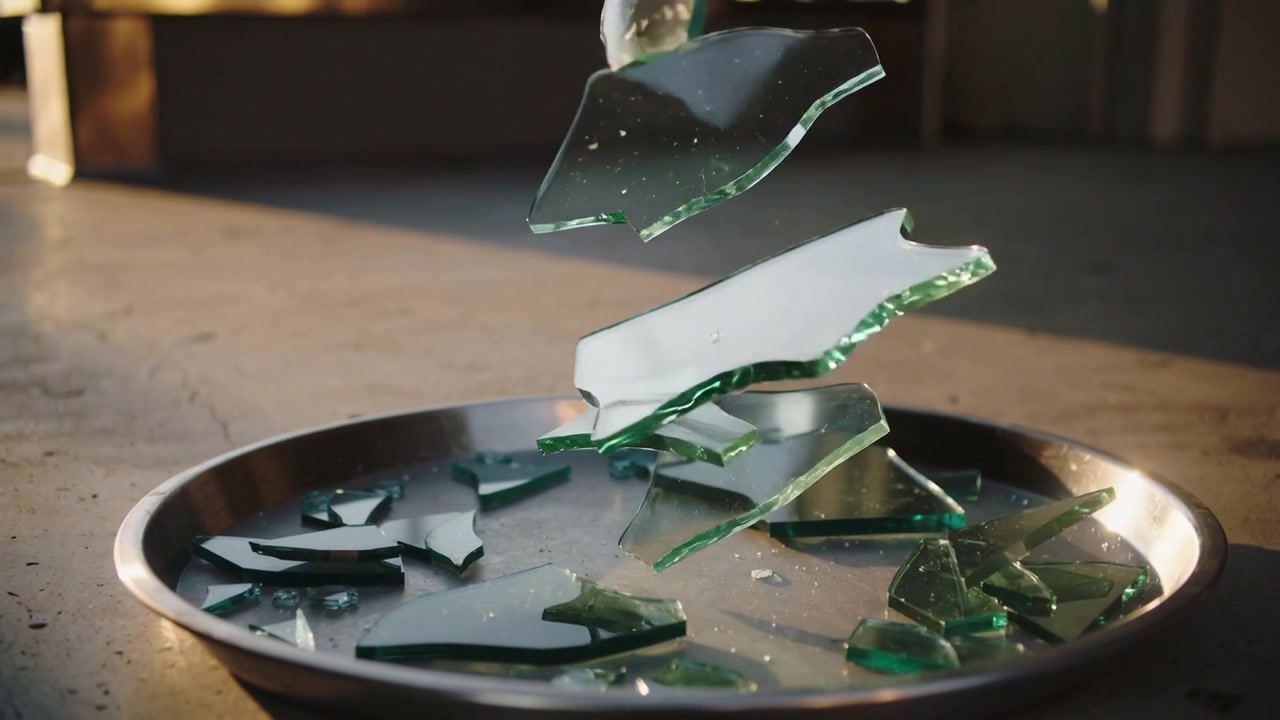 Et fall utenfor rammen sender grønne glasskår spinnende ned i et studiobrett av stål, og danner en haug.