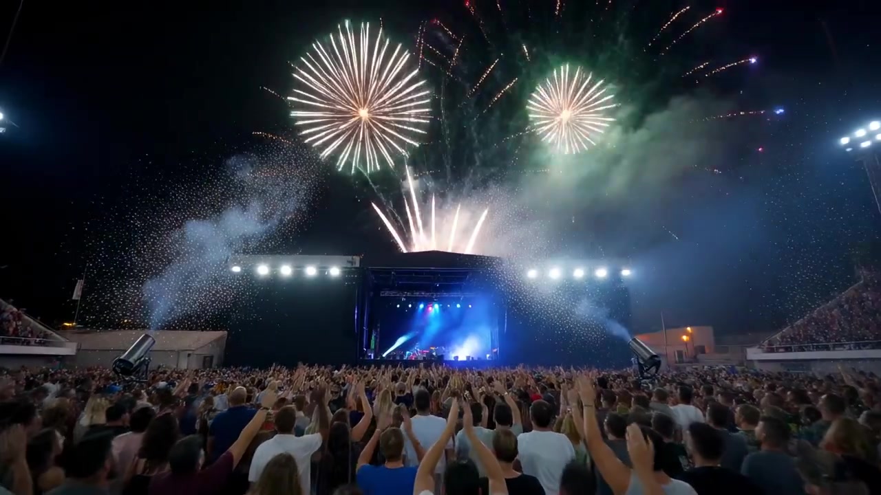 Penggemar bersorak mengangkat tangan dan merekam di stadion saat konser, meriam percikan api memulai kembang api.