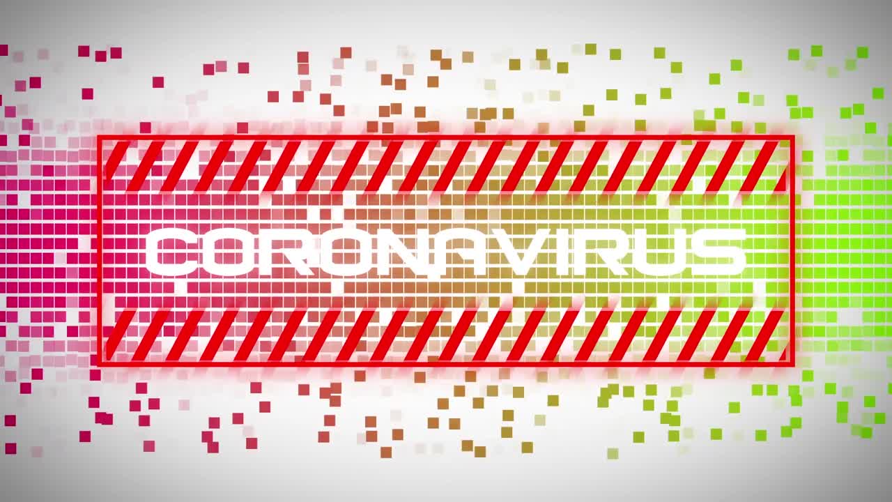 animación del texto de advertencia de coronavirus, sobre píxeles móviles de colores, en gris