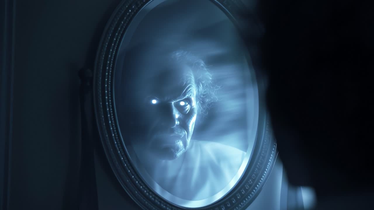 A Haunting Reflection: The Eerie Encounter in the Mirror Captures a Disturbing Presence with Glowing Eyes, Intensifying the Atmosphere of Fear and Mystery