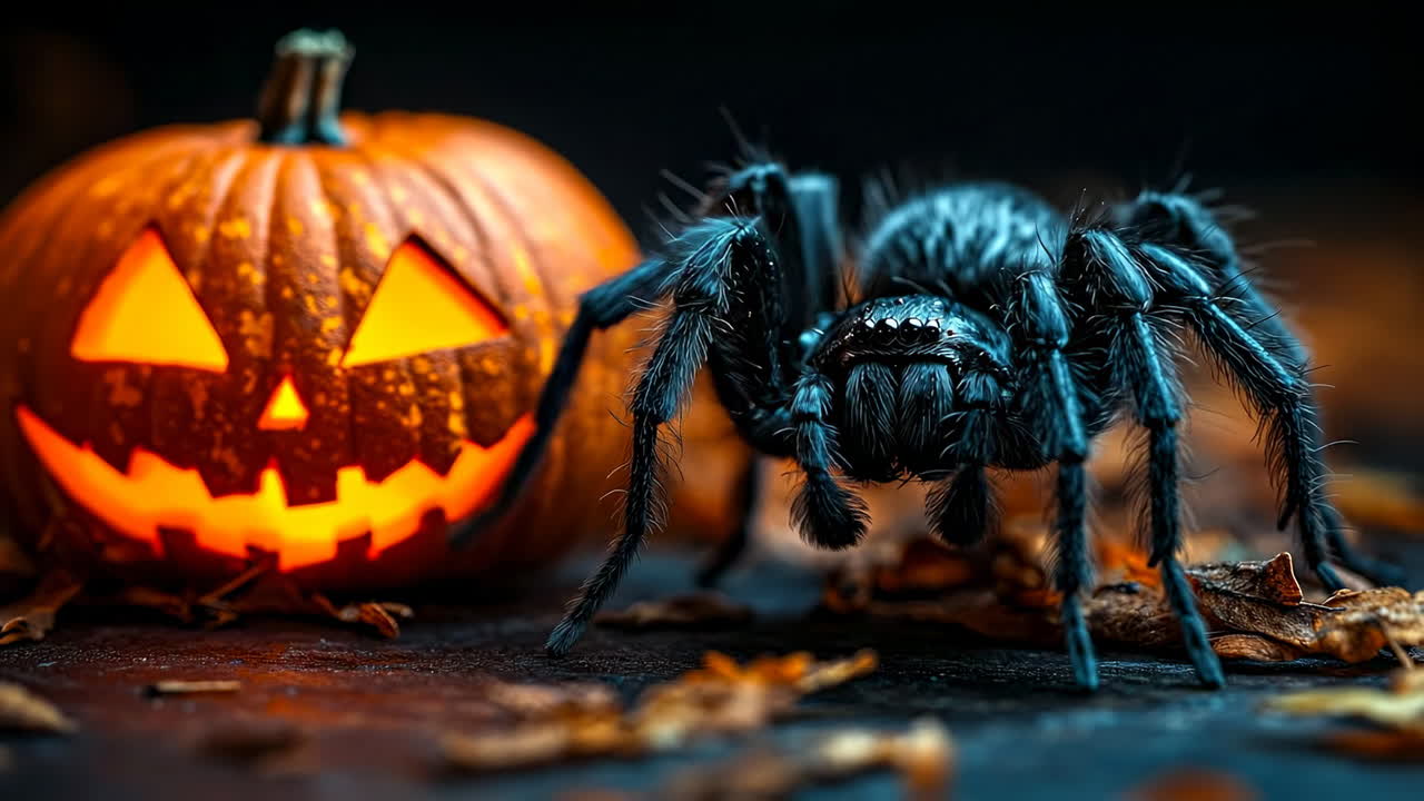 Spider by glowing pumpkin. A black spider crawls among dry leaves beside a carved pumpkin that glows, capturing the essence of Halloween night