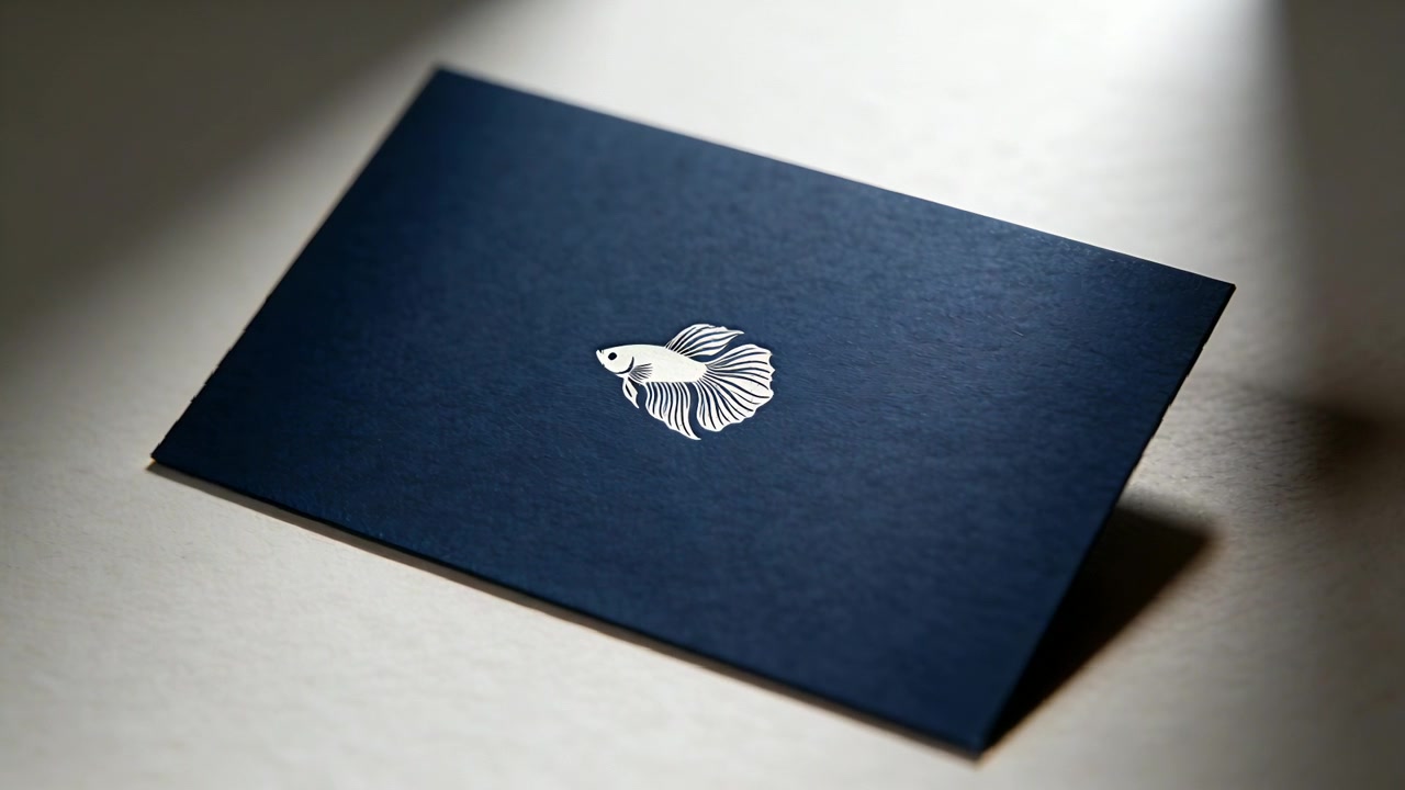 Kamerafahrt bei wechselndem Licht, die eine marineblaue Karte auf einem beigen Tisch scharfstellt und ein Fisch-Emblem zeigt.