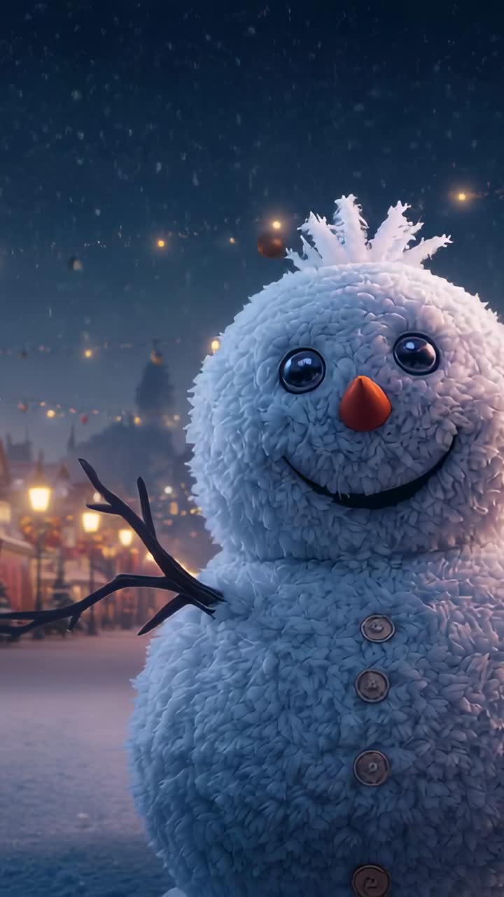 Vertical video: Falling snow sparking lens pulling revealing snowman at winter market with lights