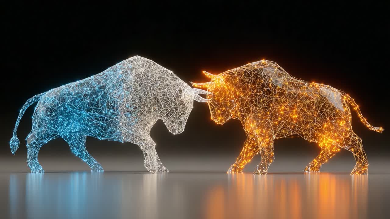 Et dynamisk møde mellem to futuristiske tyrefugurer lavet af lys: Elektrisk blå og brændende orange i en anspændt konfrontation.