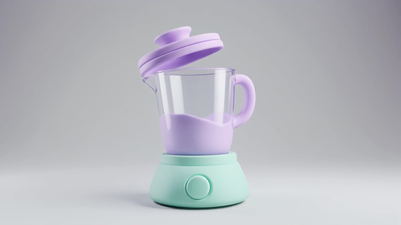 Animazione 3D minimalista di un frullatore color pastello con liquido