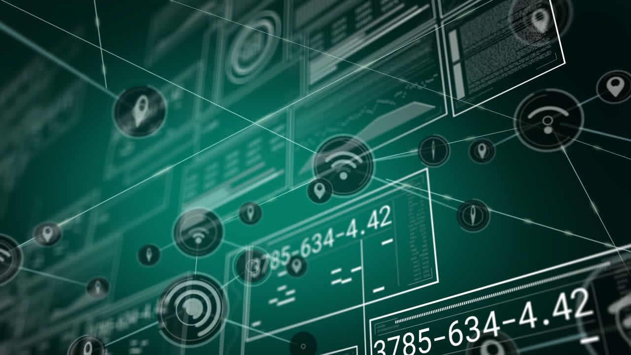animación de iconos conectados sobre números cambiantes en rectángulos y círculos sobre fondo verde