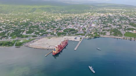Building-site-new-cruise-ship-port-in-the-Caribbean-city-Barahona,-drone-orbit