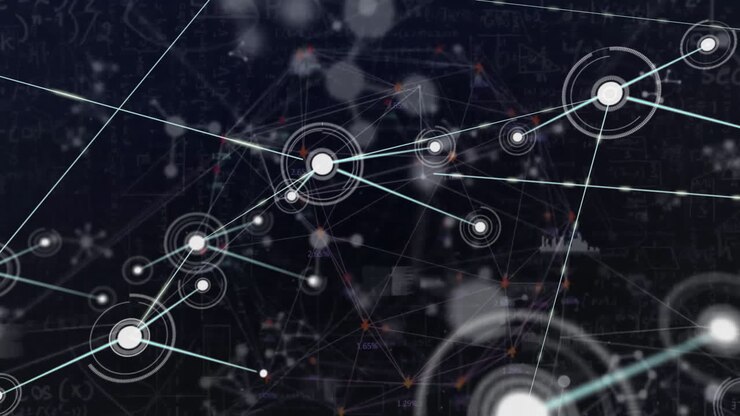 Animation of network of connections and molecules on dark background